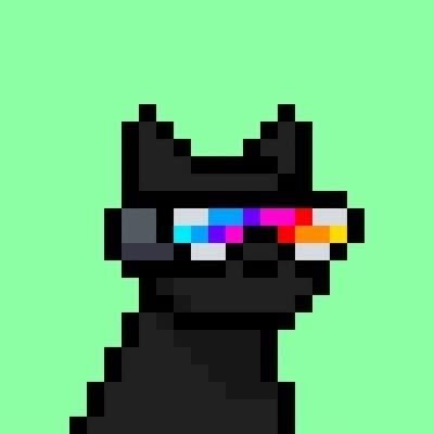 Damien Galvin Shield official pixel portrait — @Shieldmetax Pixel portrait used by Damien Galvin (Shield / @Shieldmetax): a dark dog with a rainbow visor on a mint-green background